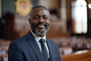 A smiling black man in a suit and tie photo