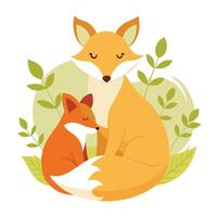 Adorable illustration of a mother and baby fox snuggling with a leaf on Happy Mother's Day vector