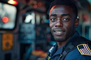 A black man in uniform smiling photo