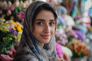A woman in a headscarf smiles for the camera photo
