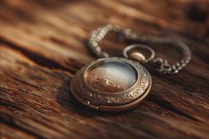 Pocket watch on wooden table photo