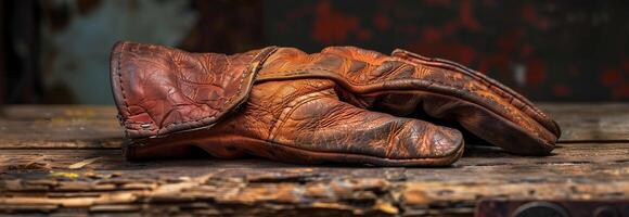 A pair of old leather gloves laying on top of a wooden table photo