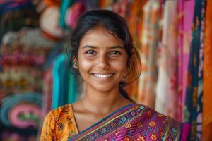 A smiling young woman in a colorful sari photo