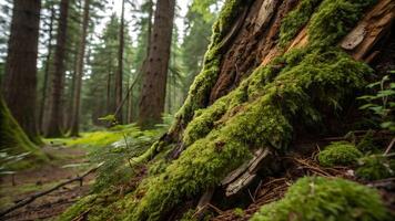 Mossy Tree Trunk in Lush Forest for Nature Enthusiasts and Photography Projects, Capturing the Essence of Serene Woodlands with Vibrant Greenery and Detailed Textures photo