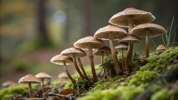 Mushroom cluster in vibrant forest setting for nature enthusiasts and photographers exploring the beauty of woodland ecosystems with stunning close-up details photo