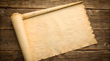Ancient parchment scroll vintage texture on rustic wooden table for historical document design. Old paper background with antique look perfect for genealogy enthusiasts and history buffs. photo
