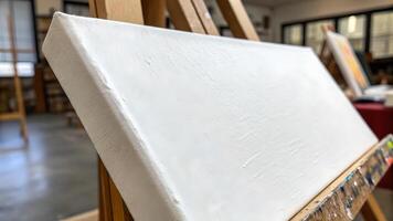 Blank canvas ready for painting in art studio for creative artists and designers. Perfect for inspiration, creativity, and artistic expression in a professional environment. photo