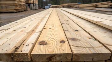 Stacked wooden planks neatly arranged in a lumberyard for home builders and DIY enthusiasts seeking quality materials photo