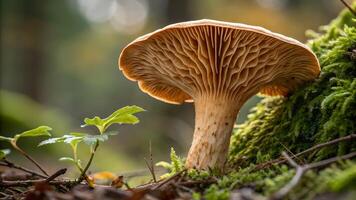 Mushroom in Forest with Soft Light for Nature Lovers and Photography Enthusiasts Discovering the Beauty of Wild Fungi in a Serene Woodland Setting photo