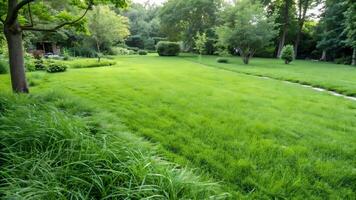 Lush Green Lawn Perfectly Manicured Backyard Scene for Homeowners Seeking Garden Inspiration and Relaxation Spaces photo