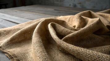 Burlap Fabric Textured Close-Up on Rustic Table for Home Decor Enthusiasts and Interior Designers Seeking Natural Elements photo