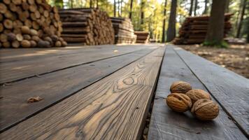 Walnuts on rustic wooden planks in forest setting for nature enthusiasts and photographers photo