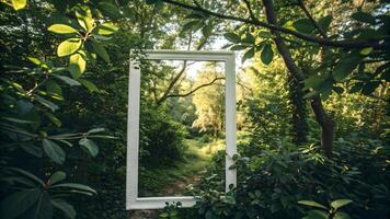 Window frame in lush green forest, capturing serene nature view for photographers and designers. photo