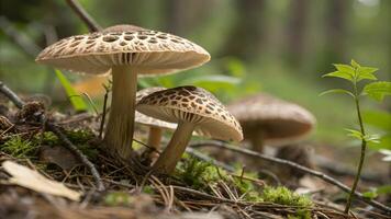 Mushroom cluster in forest floor close-up for nature enthusiasts and photographers exploring woodland ecosystems and botanical beauty photo