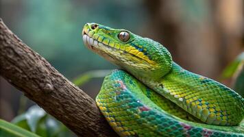 Vibrant Green Tree Snake Coiled on Branch for Nature Enthusiasts and Wildlife Photography Lovers photo