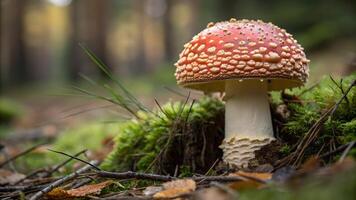 Mushroom with vibrant red cap in forest setting for nature enthusiasts and photographers photo