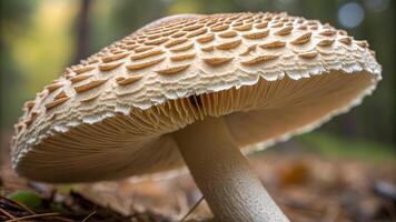 Mushroom with intricate scales in forest setting for nature enthusiasts and photographers exploring detailed textures of wild fungi in their natural habitat photo