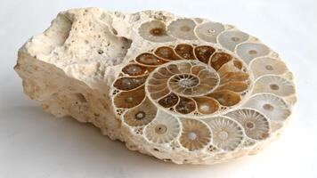 Fossilized Ammonite Detailed Close-Up for Educational Use, Natural History Specimen with Intricate Patterns Ideal for Science Enthusiasts and Collectors photo