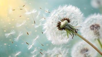 Dandelion seeds gently floating in a serene blue sky, perfect for nature enthusiasts and photographers seeking tranquil imagery photo