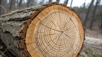 Tree trunk cross section detailed nature photography for designers and editors. Close-up of tree rings in forest setting ideal for environmental projects and educational content. photo