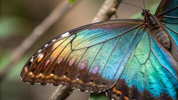 Vibrant Blue Morpho Butterfly Close-Up in Natural Habitat for Nature Enthusiasts and Wildlife Photographers photo