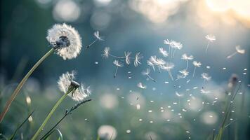 Dandelion seeds gently floating in the air during a serene sunset, perfect for nature enthusiasts and photographers seeking tranquil imagery photo