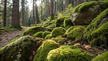 Mossy Rocks in Enchanted Forest Pathway for Nature Lovers and Travel Bloggers Discovering Serene Wilderness Adventures with Vibrant Greenery and Sunlit Trails photo