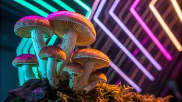 Mushrooms glowing neon lights futuristic scene for creative designers and artists exploring unique visual elements in their projects photo