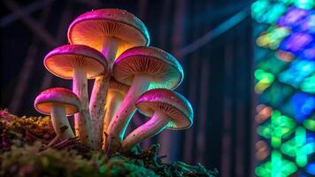 Mushrooms glowing neon colors in forest setting for nature enthusiasts and photographers seeking unique visuals photo