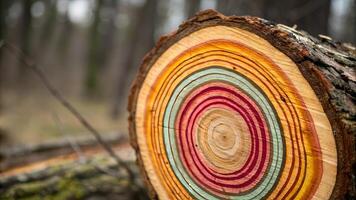 Colorful tree rings in vibrant forest scene for nature enthusiasts and designers. Discover the beauty of natural patterns, perfect for creative projects and environmental studies. photo