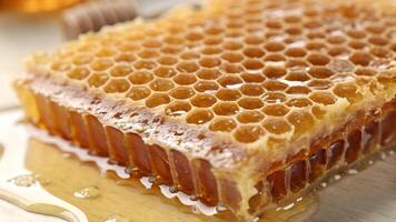 Honeycomb with dripping honey on wooden table for food bloggers and recipe creators, perfect for culinary content and natural sweetness enthusiasts photo