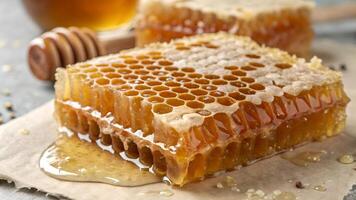 Delicious Honeycomb Dripping Sweetness on Parchment Paper for Food Bloggers and Recipe Creators photo