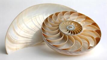 Nautilus Shell Detailed Spiral Structure on White Background for Nature Enthusiasts and Designers Seeking High-Quality Stock Images of Ocean Life and Natural Patterns photo