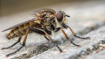Robber Fly Detailed Close-Up on Stone Surface for Nature Enthusiasts and Wildlife Photographers photo
