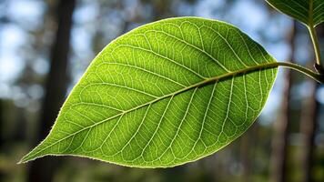 Close-up of a vibrant green leaf with intricate veins in a serene forest setting for nature enthusiasts and photographers photo