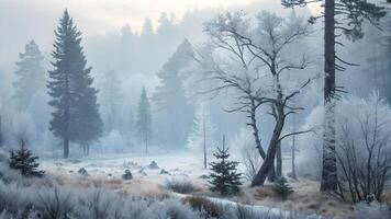 Frosty Winter Landscape with Snow-Covered Trees in a Serene Forest for Nature Lovers and Photography Enthusiasts photo