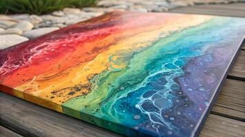 Vibrant Epoxy Artwork Displayed on Wooden Deck for Home Decor Enthusiasts Seeking Unique Wall Pieces to Enhance Their Living Spaces with Abstract Colorful Designs photo
