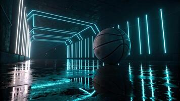 Glowing Basketball in Futuristic Neon Tunnel for Sports Enthusiasts and Designers, Perfect for Modern Sport Themes and Creative Projects photo