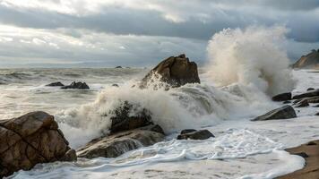 Powerful ocean waves crashing against rugged rocks under dramatic sky for nature enthusiasts photo