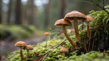 Mushrooms in Enchanted Forest Landscape for Nature Lovers and Photography Enthusiasts Discover the Magic of Wild Fungi in a Serene Woodland Setting Perfect for Outdoor Explorers and Botanical Artists photo