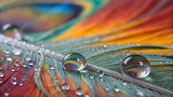 Vibrant Peacock Feather with Dew Drops Close-Up for Nature Enthusiasts and Designers Seeking High-Quality Stock Images of Wildlife and Botanical Elements photo