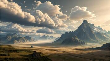 Majestic mountain landscape with dramatic clouds in serene valley for nature enthusiasts and photographers photo