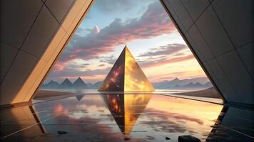 Futuristic Pyramid Glowing Sunset Reflections for Creative Designers and Artists Exploring Abstract Landscapes with Modern Architecture photo