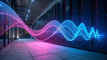 Data Center Visualization Futuristic Waves in Modern Server Room for Technology Enthusiasts and IT Professionals photo