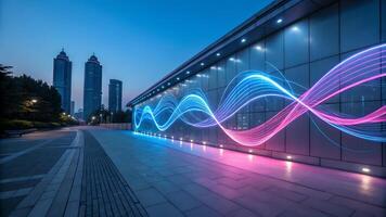 Vibrant Light Trails on Modern Building Facade at Dusk for Urban Designers and Architects Seeking Futuristic Cityscape Elements photo