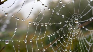 Spiderweb with glistening dew drops in a serene forest setting for nature enthusiasts and photographers photo