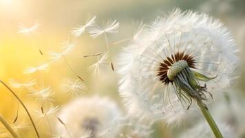 Dandelion seeds gently floating in sunlight, serene nature scene for tranquil backgrounds and calming designs photo