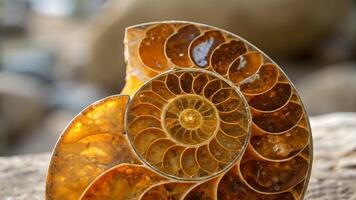 Ammonite Fossil Detailed Close-Up for Nature Enthusiasts and Educational Purposes, Featuring Intricate Spiral Patterns and Natural Beauty in a Museum Display Setting photo