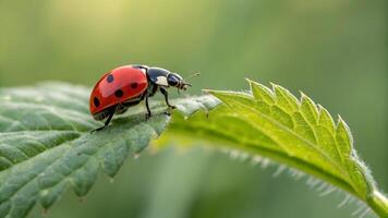 Ladybug on leaf close-up nature photography for garden enthusiasts and insect lovers exploring the beauty of tiny creatures in their natural habitat with vibrant colors and detailed textures. photo