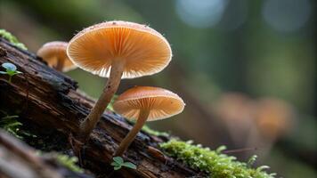 Mushroom cluster in forest close-up for nature enthusiasts and photographers exploring woodland ecosystems with stunning bokeh background photo